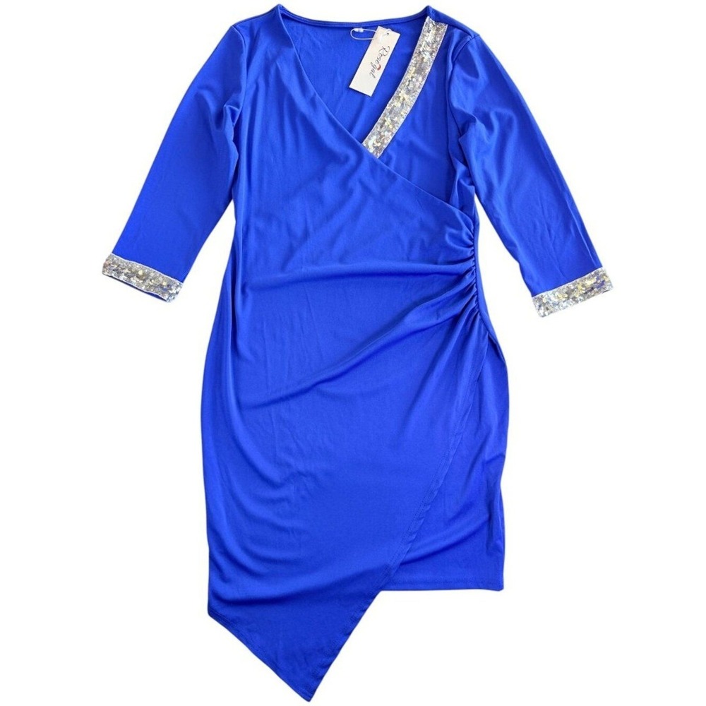Rosegal Faux Wrap Dress Women Large Blue Sequin Trim Asymmetric Ruched‎ Party